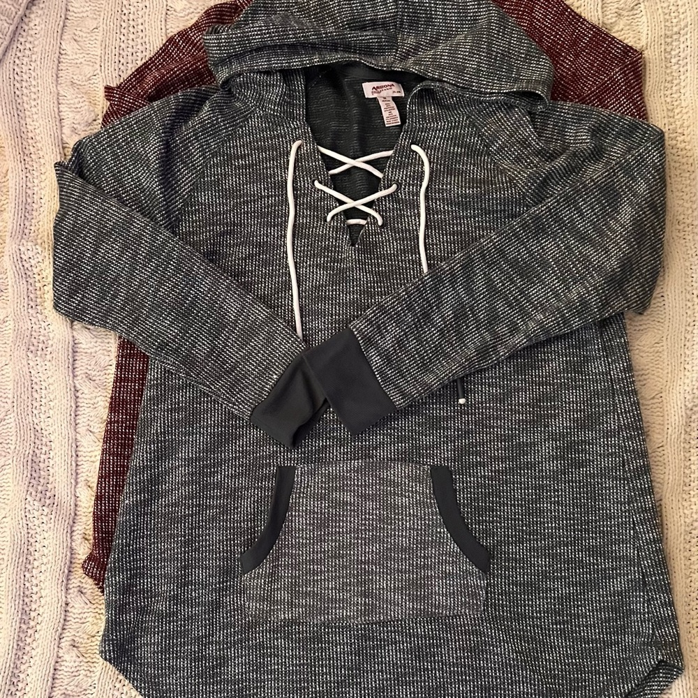 2 Arizona Jean Company hoodie/tunics. Gray and burgundy, great condition! 2X